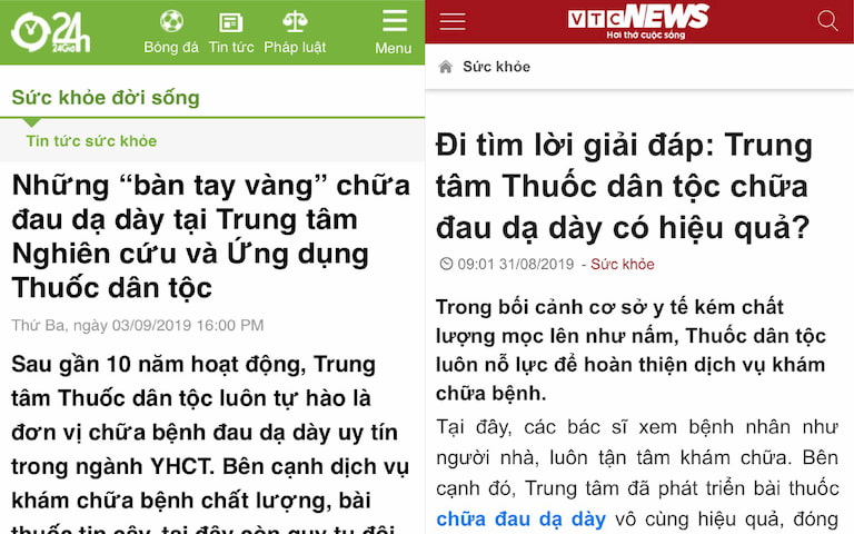 Báo VTC News đưa tin về hiệu quả chữa bệnh dạ dày tại Trung tâm Thuốc dân tộc