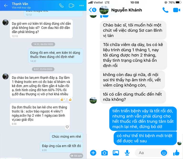 Tin nhắn bệnh nhân chia sẻ về kết quả dùng thuốc Sơ can Bình vị tán